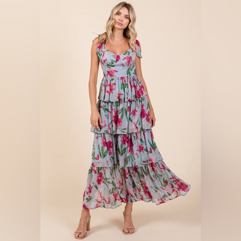 NWT Floral Tiered Ruffle Maxi Dress ā Dusty Blue Summer Wedding Guest [Size S-L